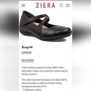 Ziera X-Ray M Black Mary Jane Flats, Women's 38M. Super Support Leather